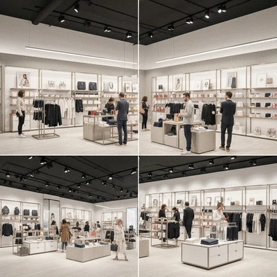 Modern retail store interior with clear design, attractive lighting, and customers browsing, showing enhanced brand image, no text, no words, no typography, clean image