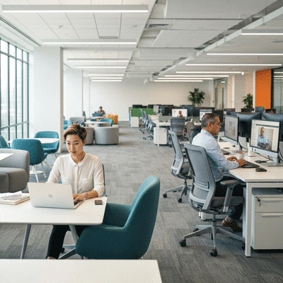 Modern hybrid office space with collaborative zones and individual workstations