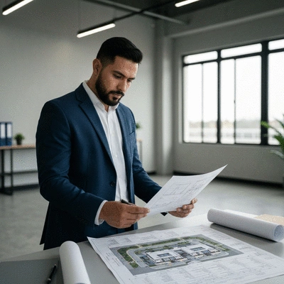 Modern business owner reviewing financing documents with a construction blueprint in a bright, contemporary office space, no text, no words, no typography, clean image