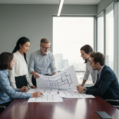 Team of architects and clients reviewing office renovation blueprints, clean image