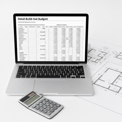Detailed retail build-out budget spreadsheet on a modern laptop with a calculator and construction blueprints, no text, no words, no typography, clean image
