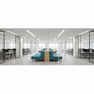 Modern open-plan office space with collaborative zones and natural light