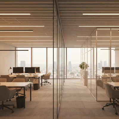 Modern office space with large windows, abundant natural light, and strategically placed indoor plants creating a biophilic environment.