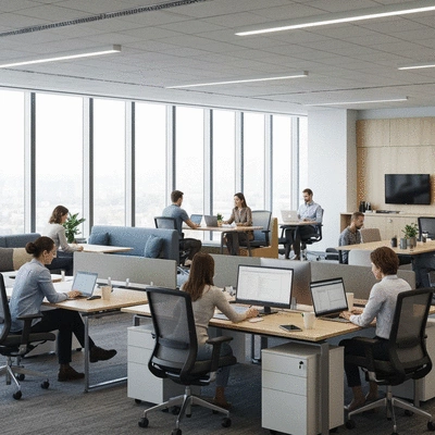 Modern office space with collaborative areas and natural light, no text, no words, no typography