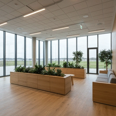 Modern, eco-friendly commercial building interior with natural light and sustainable materials
