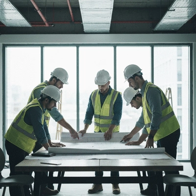 Modern office space under renovation with construction workers discussing plans, clean image