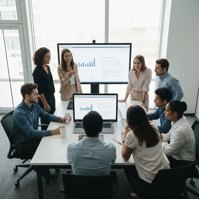Team collaborating in a modern meeting room with a large screen