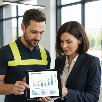 Professional contractor and business owner reviewing a tablet with a graph showing increased ROI and reduced utility costs in a newly renovated commercial space, no text, no words, no typography, clean image