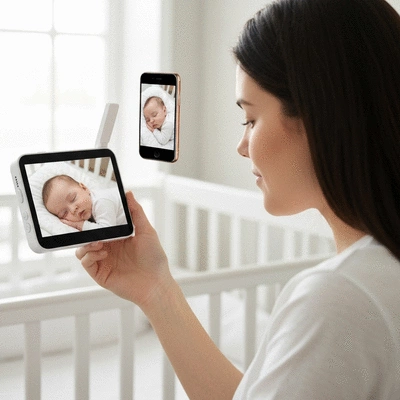 A parent looking at a modern baby monitor screen showing their sleeping baby, with a smartphone displaying the same feed in the background. The parent looks calm and reassured.