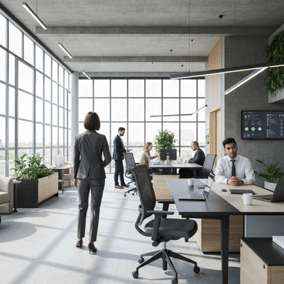 Modern office interior with sustainable materials and smart technology