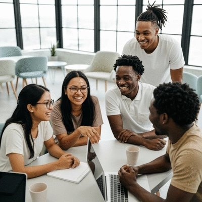 Happy diverse team collaborating in a modern office environment