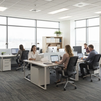 Modern, sleek commercial office space after a remodel, with happy employees working collaboratively