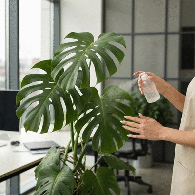 Close-up of a healthy indoor plant in a modern office, with a person gently misting its leaves, highlighting maintenance.