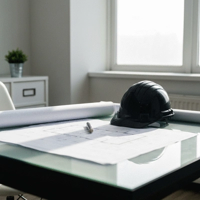 Professional looking blueprints and construction hardhat on a desk, representing planning