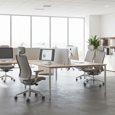 Modern office space with ergonomic furniture and natural light