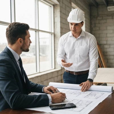 Architect and client discussing commercial remodeling plans on a construction site